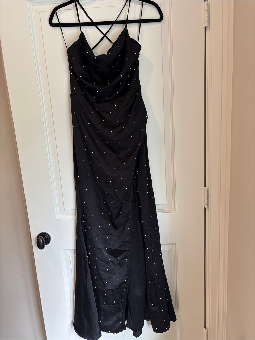 Chloe Dao Formal Black Maxi Dress with Sparkling Pearl Embellishments, Size S